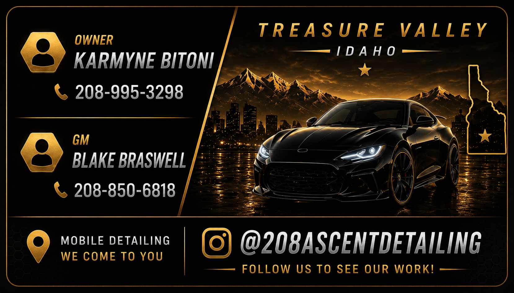 Ascent Auto Detailing contact card for Treasure Valley, Idaho